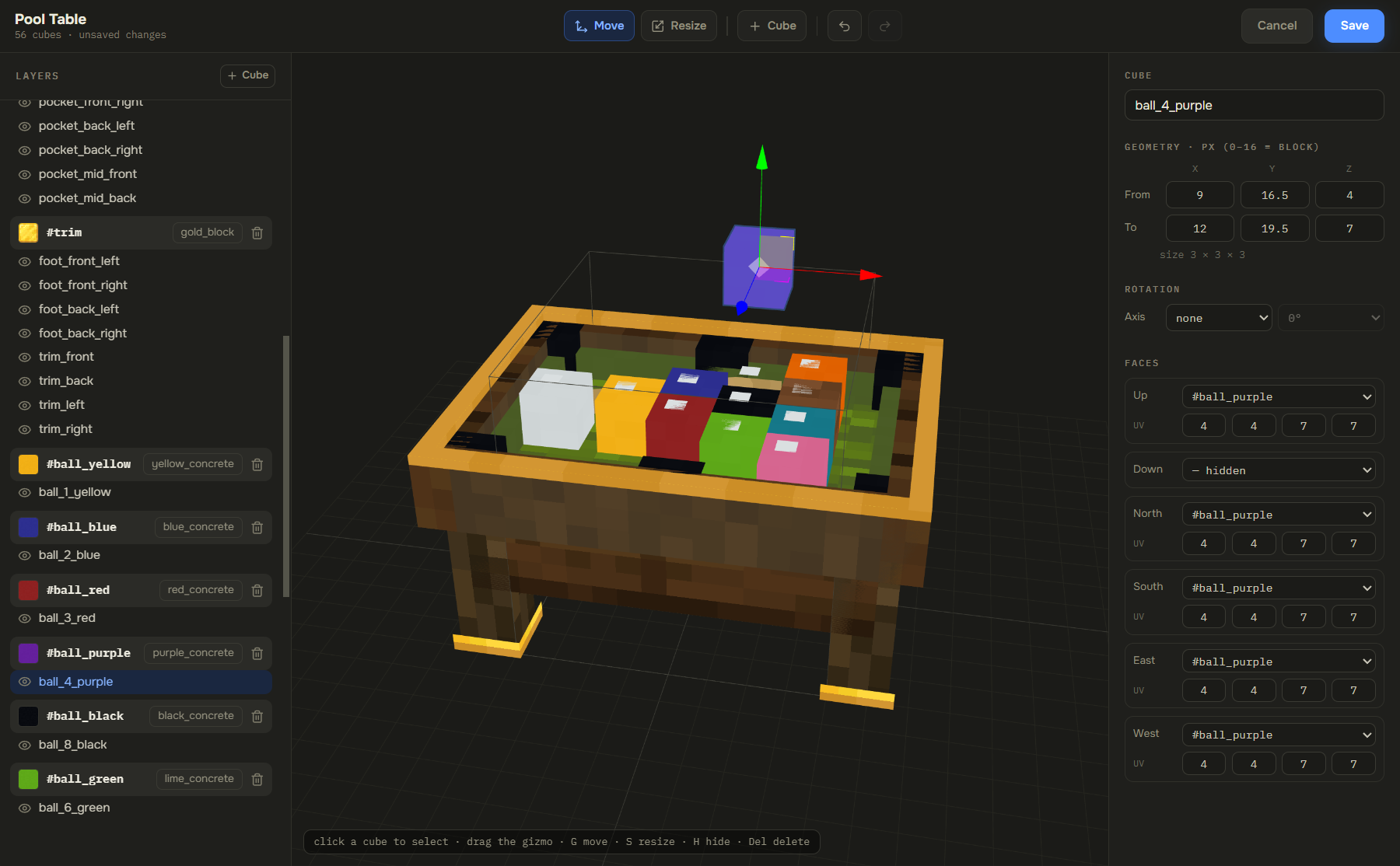 The model editor with a pool table build open: element list, 3D viewport, and per-element controls