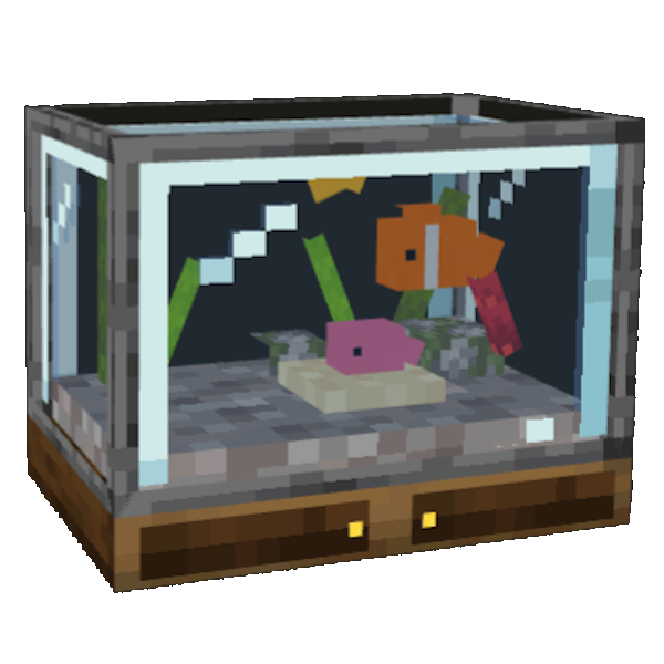 Generated Minecraft model of an aquarium with tropical fish and a cabinet stand