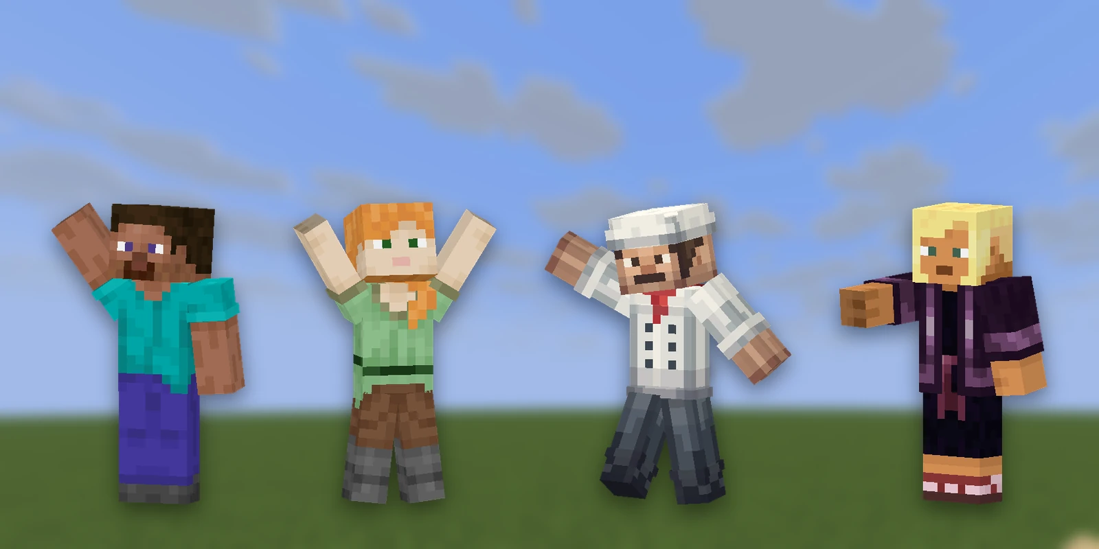 Players doing emotes: a wave, a cheer, a dance and a point