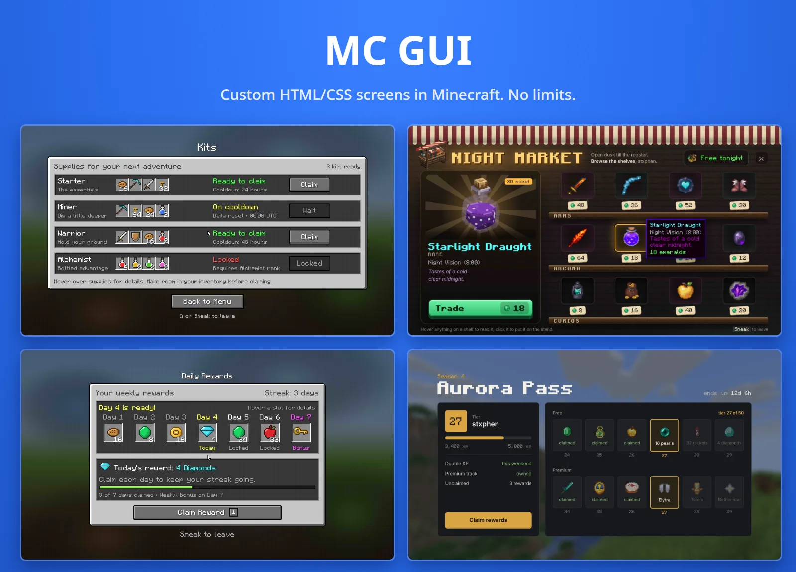 Four MC GUI pages in game