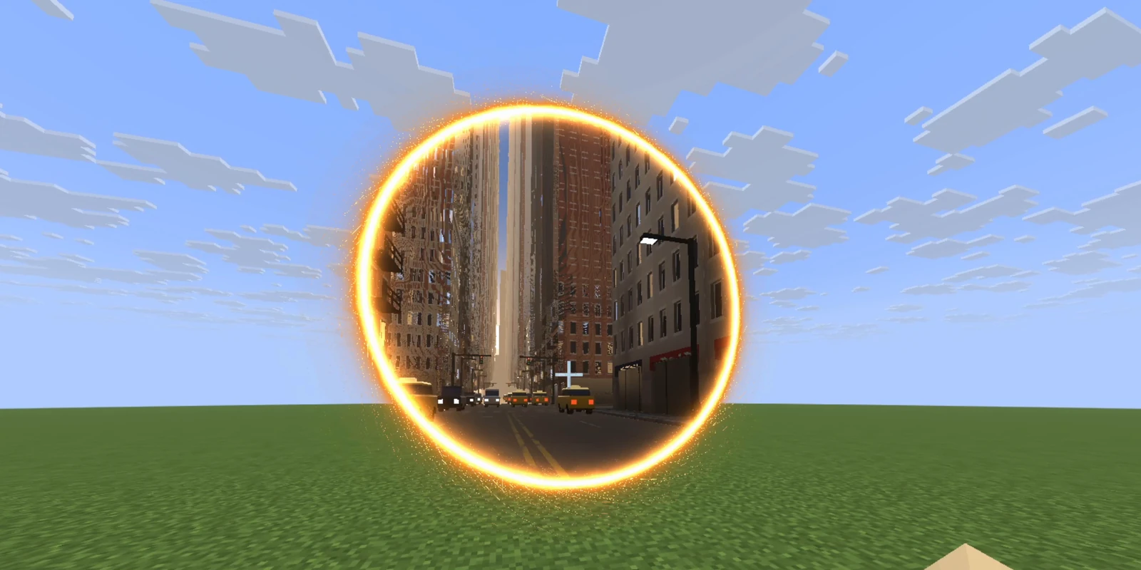 A portal in the sky showing a city street through it