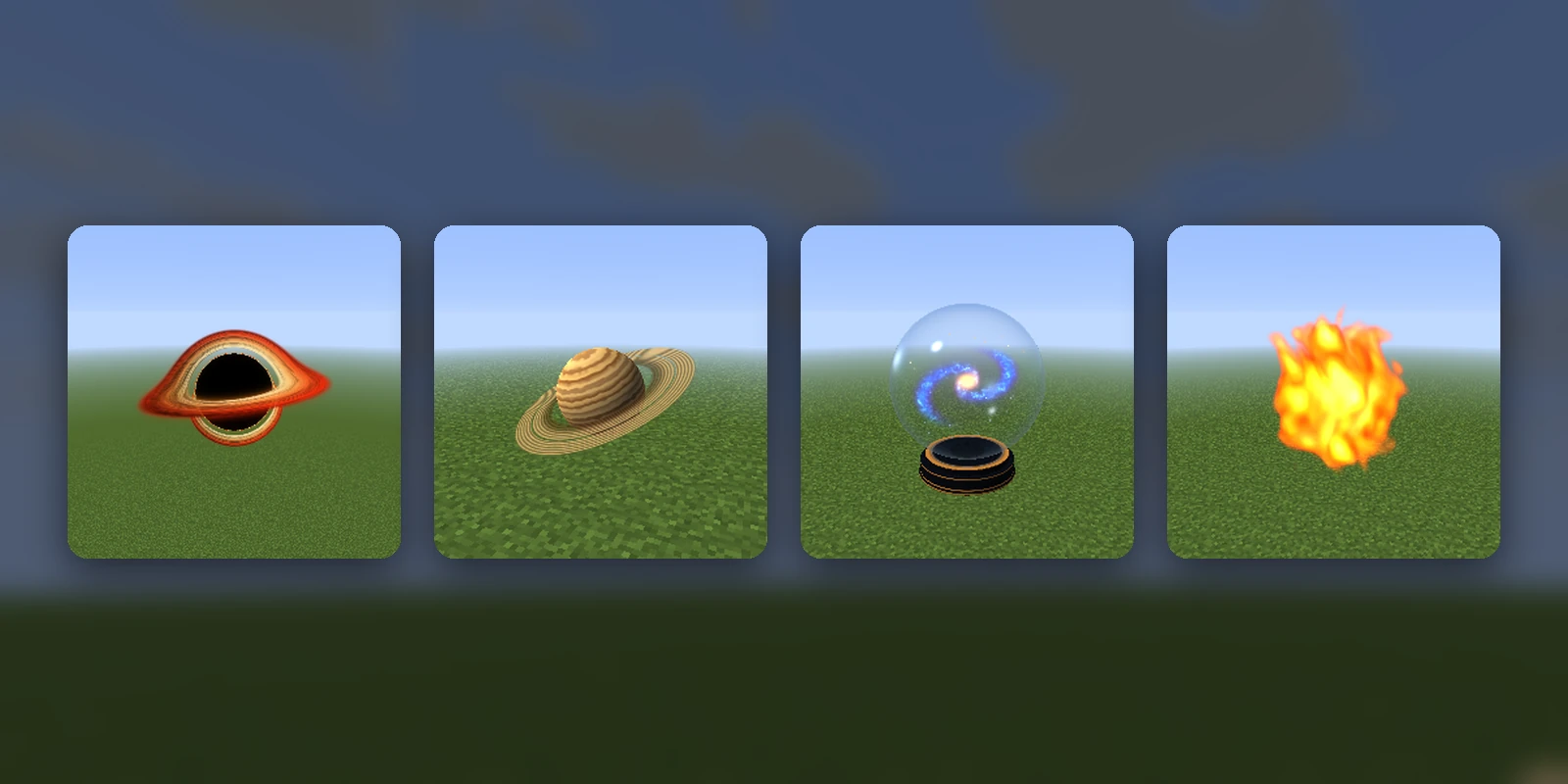 3D objects: a black hole, a ringed planet, a galaxy in a globe and a fireball