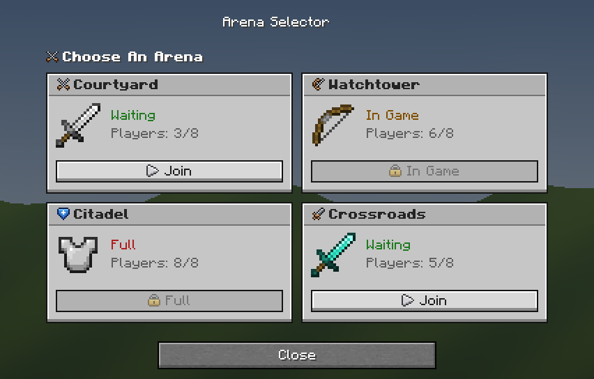 Arena Selector — a Minecraft Dialog made with resourcepack.ai