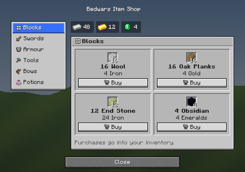 Bedwars Item Shop — a Minecraft Dialog made with resourcepack.ai
