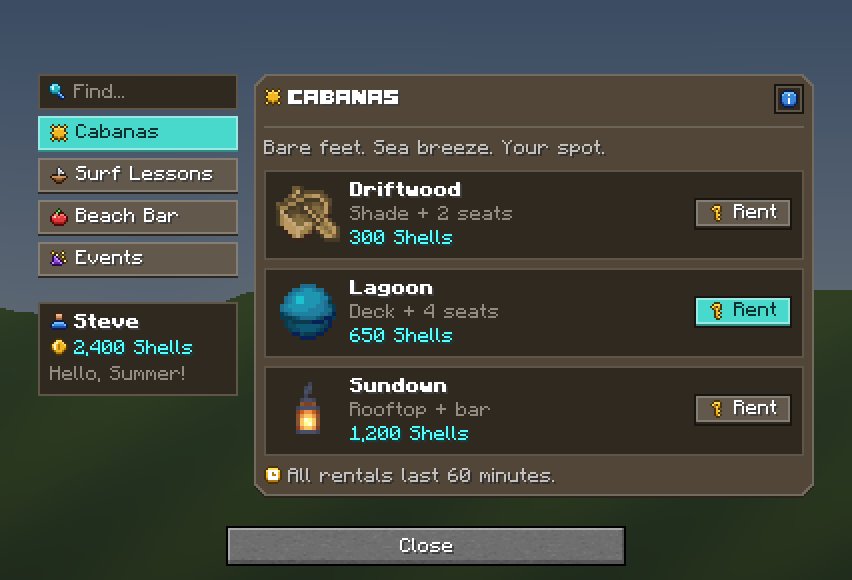 Beach Club Dialog — a Minecraft Dialog made with resourcepack.ai