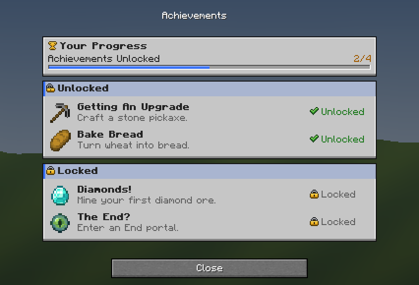 Achievements — a Minecraft Dialog made with resourcepack.ai