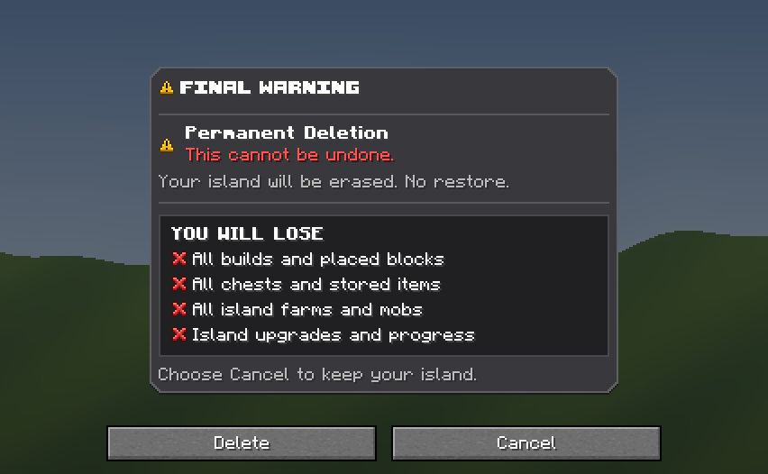 Delete Island Dialog — a Minecraft Dialog made with resourcepack.ai