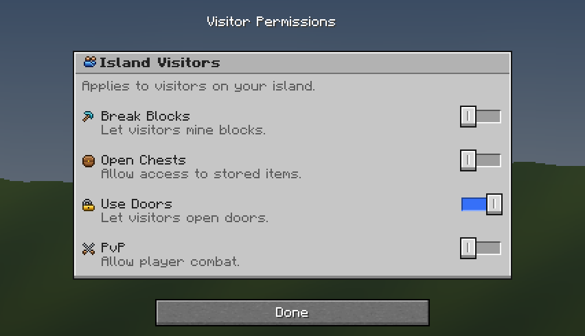 Visitor Permissions — a grey Minecraft Dialog made with resourcepack.ai