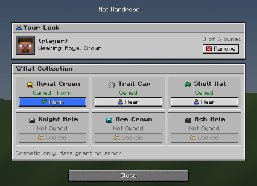 Hat Wardrobe — a Minecraft Dialog made with resourcepack.ai