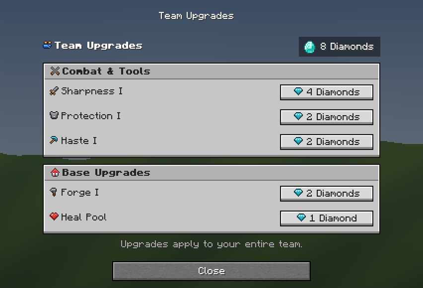 Team Upgrades — a Minecraft Dialog made with resourcepack.ai