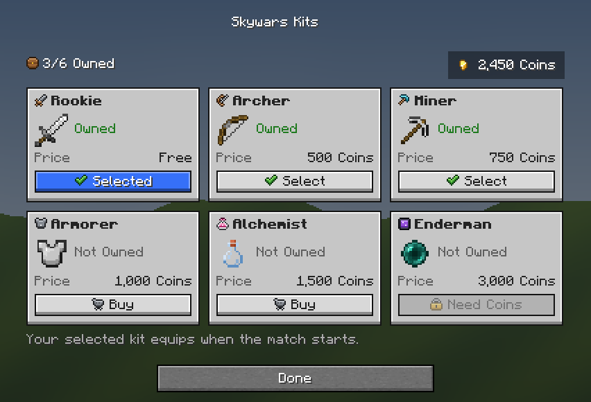 Skywars Kits — a Minecraft Dialog made with resourcepack.ai