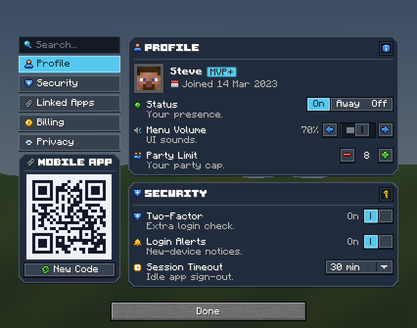 Account Settings — a Minecraft Dialog made with resourcepack.ai