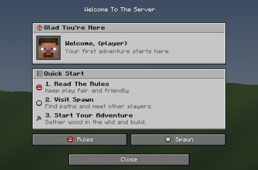 Welcome To The Server — a Minecraft Dialog made with resourcepack.ai
