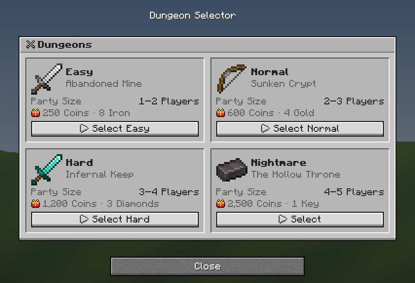 Dungeon Selector — a Minecraft Dialog made with resourcepack.ai