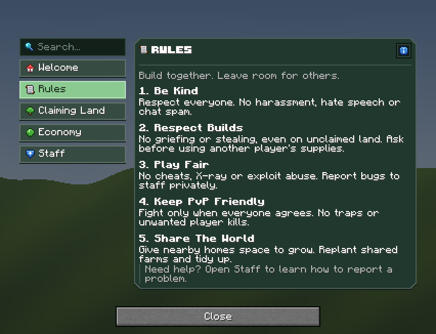 Server Rules — a Minecraft Dialog made with resourcepack.ai