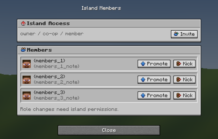 Island Members — a grey Minecraft Dialog made with resourcepack.ai