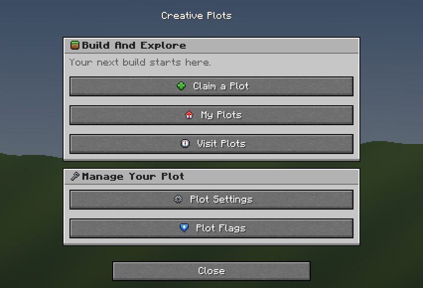 Creative Plots — a grey Minecraft Dialog made with resourcepack.ai