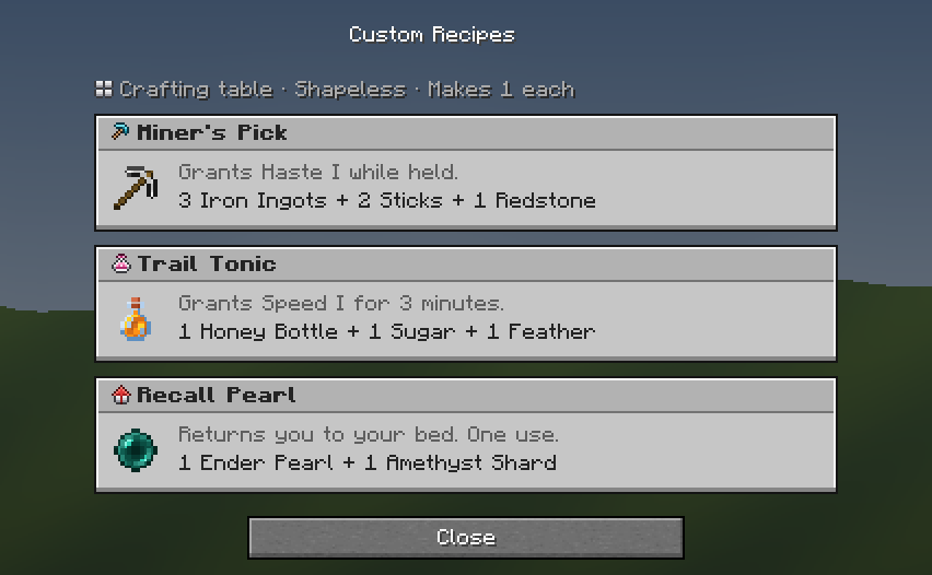 Custom Recipes — a Minecraft Dialog made with resourcepack.ai