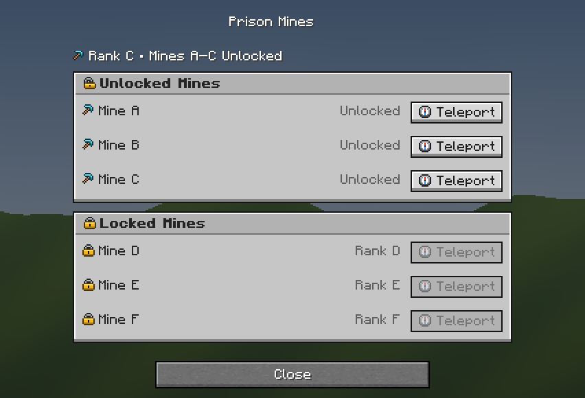 Prison Mines — a grey Minecraft Dialog made with resourcepack.ai