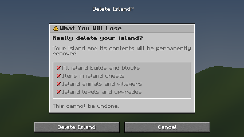Delete Island? — a grey Minecraft Dialog made with resourcepack.ai
