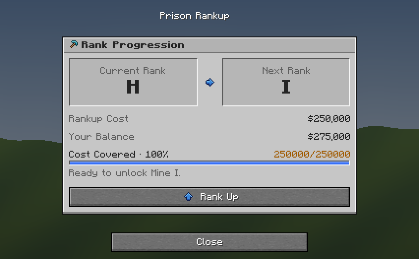 Prison Rankup — a grey Minecraft Dialog made with resourcepack.ai