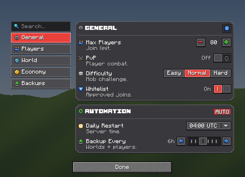 Server Admin Settings — a Minecraft Dialog made with resourcepack.ai