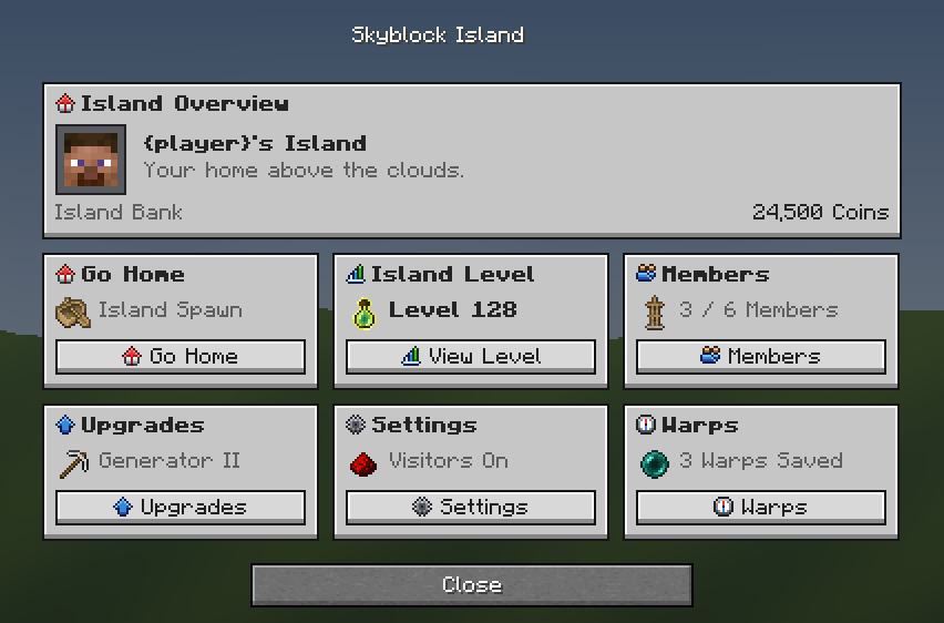 Skyblock Island — a grey Minecraft Dialog made with resourcepack.ai