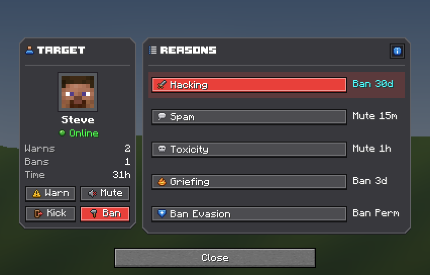 Staff Moderation Panel — a Minecraft Dialog made with resourcepack.ai