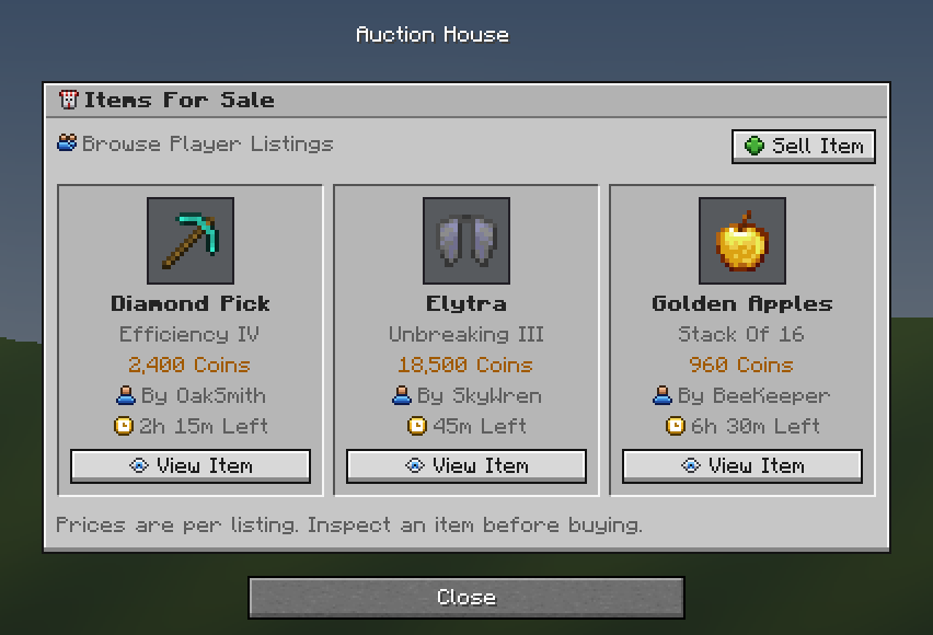 Auction House — a Minecraft Dialog made with resourcepack.ai
