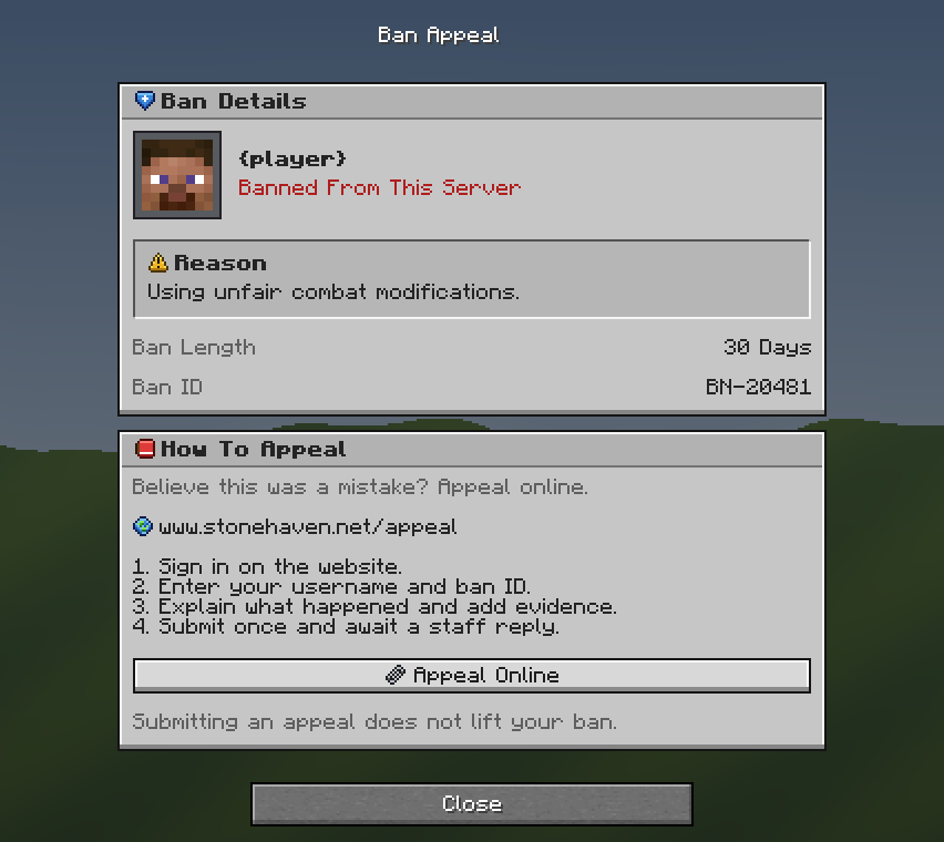 Ban Appeal — a Minecraft Dialog made with resourcepack.ai