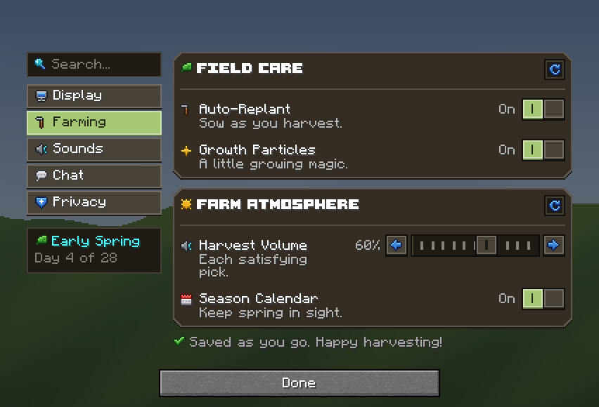 Harvest Moon Settings — a Minecraft Dialog made with resourcepack.ai