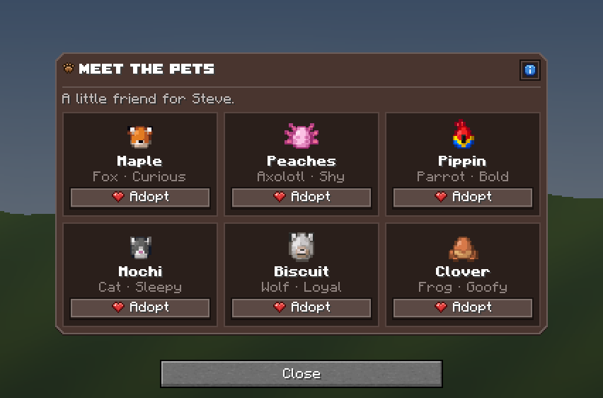 Pet Shelter Dialog — a Minecraft Dialog made with resourcepack.ai