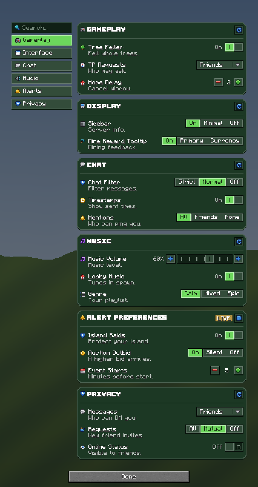 Server Settings Dialog — a Minecraft Dialog made with resourcepack.ai