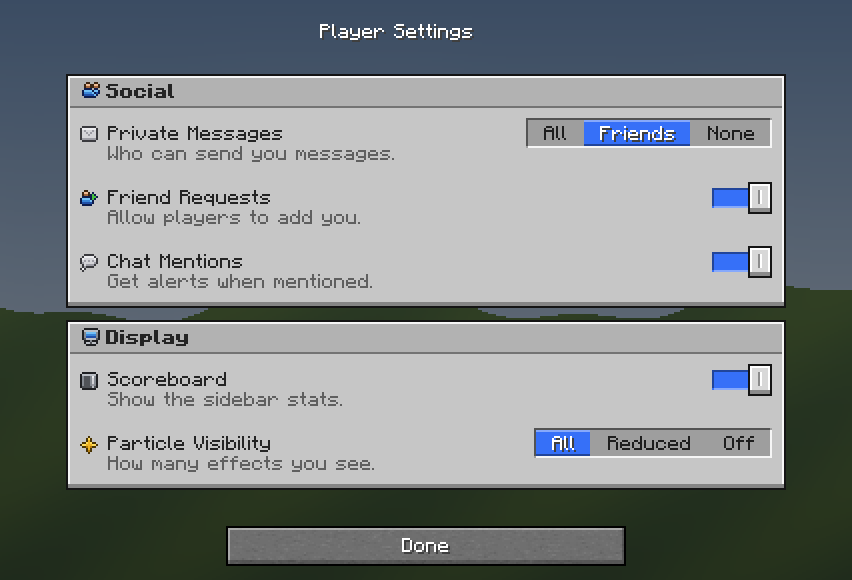 Player Settings — a Minecraft Dialog made with resourcepack.ai